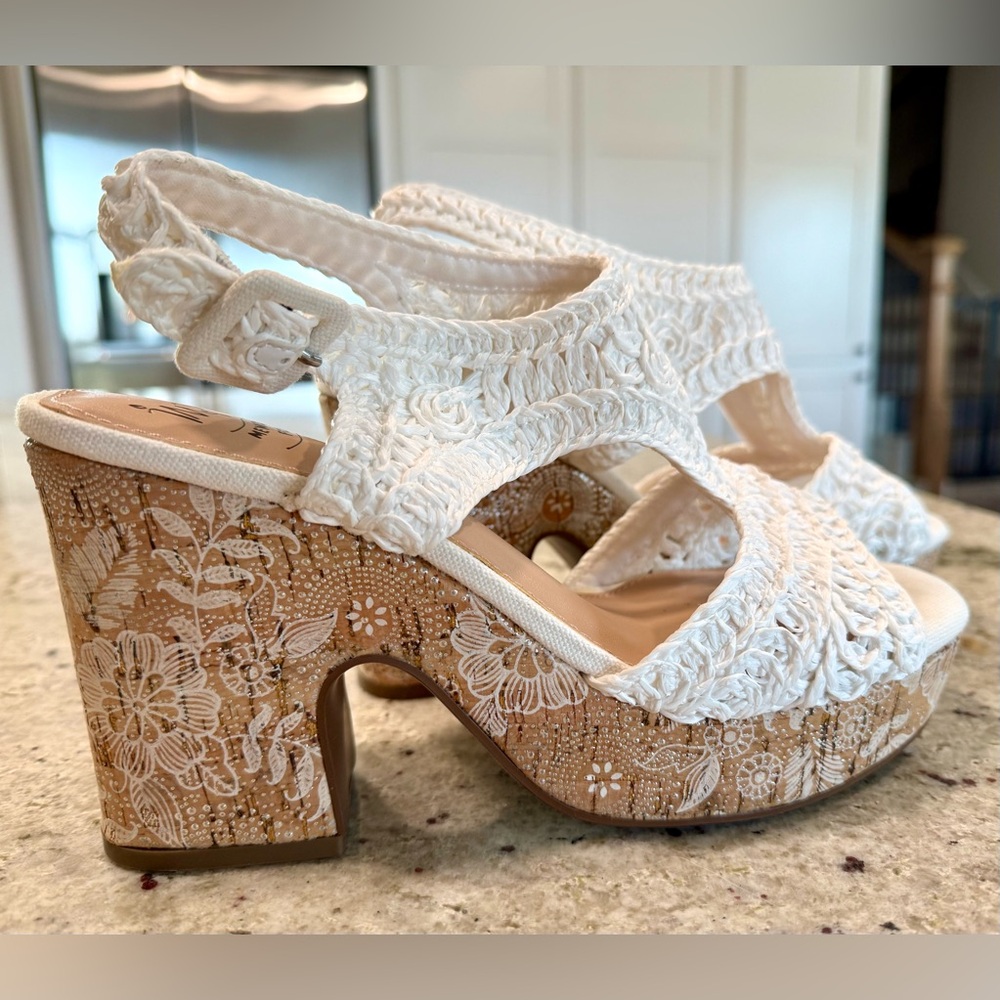 Impo Beautiful White Embroidered Wedge Heel Sandals